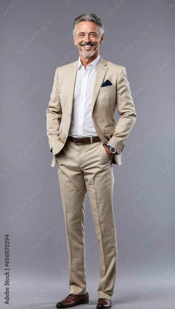 Middle-aged white businessman in a beige suit, full-length, with a warm smile and a modern, professional appearance Middle-aged white businessman in a beige suit, full-length, with a warm smile and a modern, professional appearance