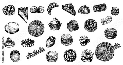 French pastries set ink sketch: king cake, croissant, chouquettes, macaroons, almond pie, marshmallow, chocolate cake, apple slippers  photo