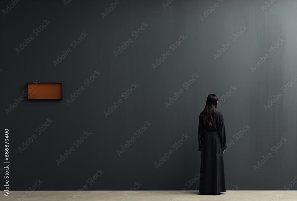 Obraz premium a woman from behind looking at a black wall, minimalistic japanese, white background