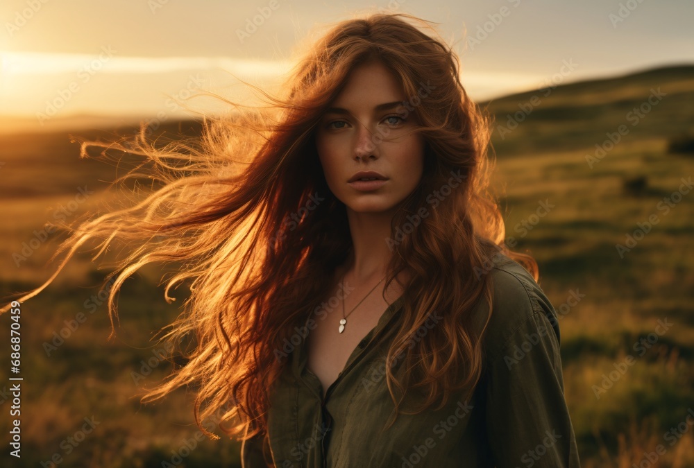 a woman with long hair standing in a field at sunset, australian landscapes, iconic rock and roll imagery, . a woman with long hair standing in a field at sunset, australian landscapes, iconic rock and roll imagery, .