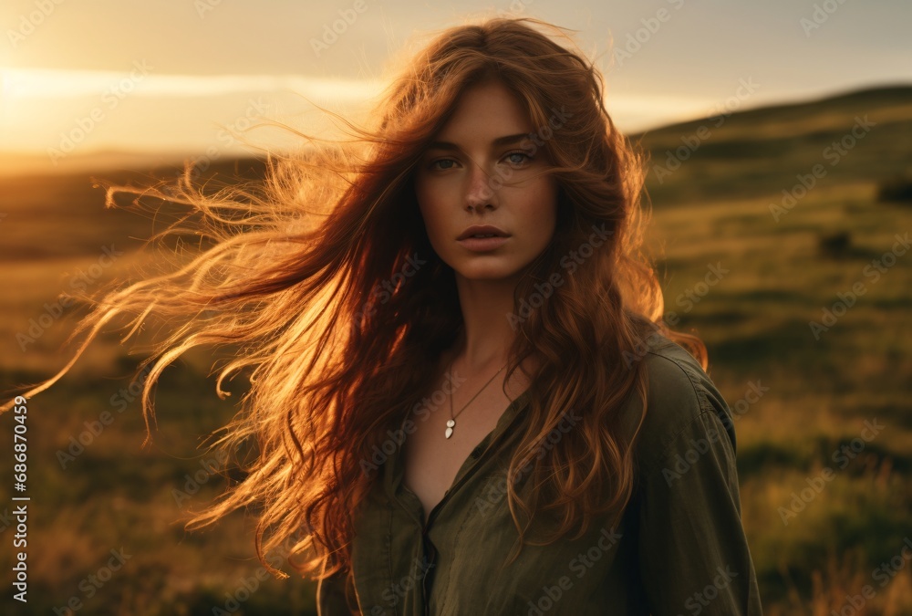 a woman with long hair standing in a field at sunset, australian landscapes, iconic rock and roll imagery, .