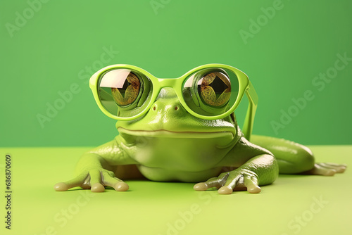Frog wearing sunglasses on green background. Creative animal concept. A frog in sunglasses lies on a green background. Green cartoon frog with big eyes.