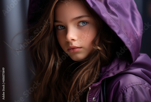 a young girl in a purple jacket faces forward with blue eyes