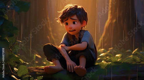 sad kid in the forest