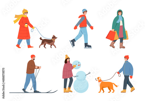 Happy people in warm clothes walk, do sport and have fun in winter cold weather. Healthy active lifestyle and winter leisure activities. Vector flat illustration isolated on white background.