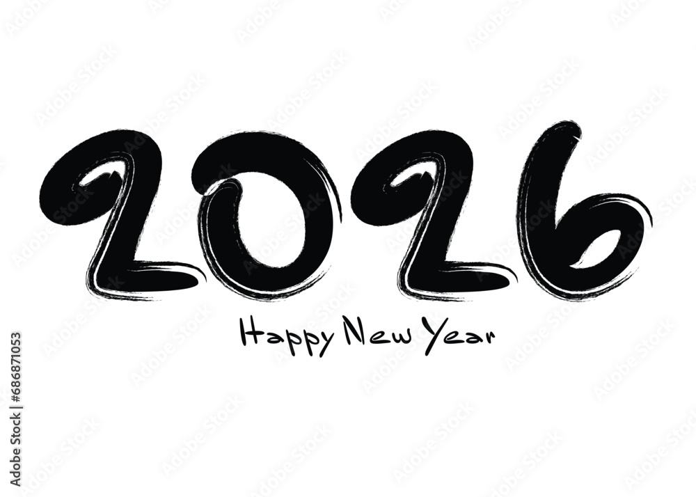 2026 Happy new year black vector illustration, numbers handwritten