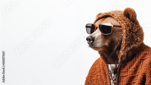 A large brown bear in a jacket and sunglasses isolated on a white horizontal background with space for text. Poster design for circus, zoo, cover. photo