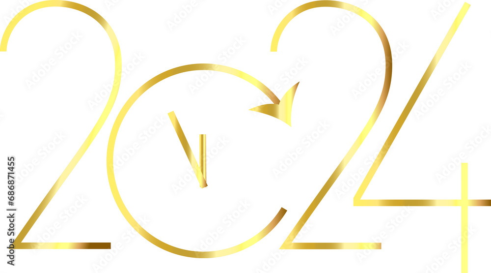 New Year 2024 Typography in Metallic Gold with Clock New Year 2024 Typography in Metallic Gold with Clock