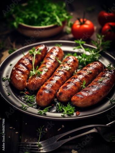 Grilled sausages on the plate 