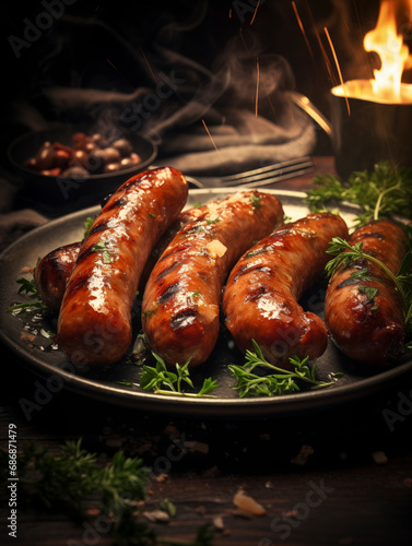Grilled sausages on the background of grill grilles 
