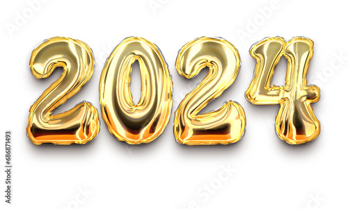 New Year 2024 Typography in 3d Metallic Gold Balloon