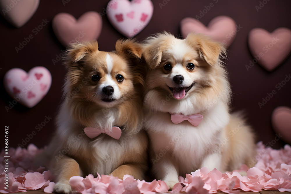 Studio photogaphy of a romantic couple of dogs with heart shapes in the background. Valentine's concept. Romantic background.