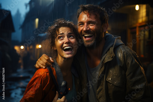 Couple holding keys outside new house. A man and a woman standing in the rain