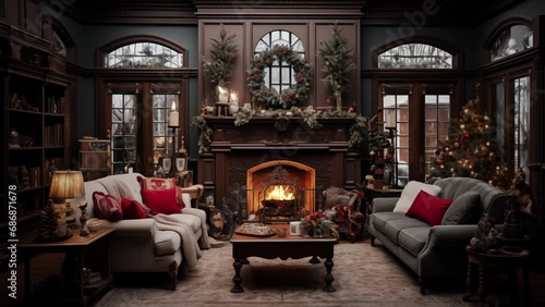 Cozy christmas scene with decorations, a warming fireplace and a christmas tree, Happy christmas, Family waiting for rest. December holidays, winter, warm indoor. Snow falls.