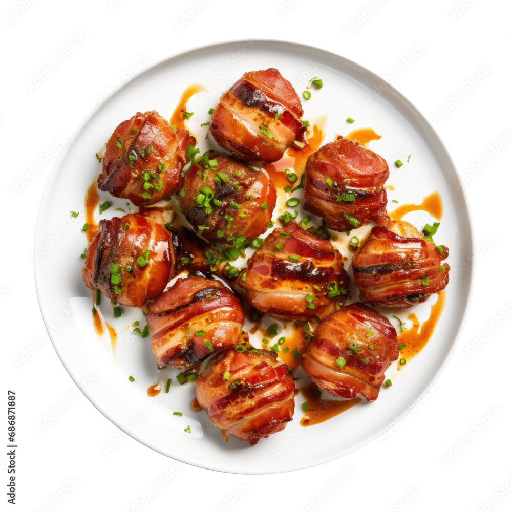 A Plate of Bacon Wrapped Scallops Isolated on a Transparent Background