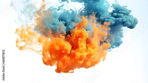 Blue and orange aqua color smoke cloud explosion separated on white background 