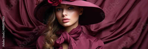 Young girls in beautiful fashionable clothes in burgundy wine colors, fashion magazine cover, high fashion