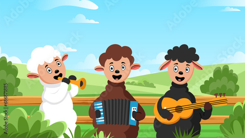 Three sheep playing musical instruments. Cattle and woolen animals with musical instruments. Musical band poster for kids and children. White, brown and black mammals. Cartoon flat vector illustration
