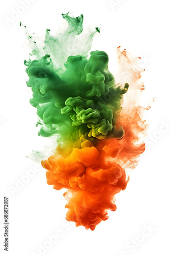 Lush Green and Vibrant Orange Clouds  Bold Contrast on white background - Colorful Smoke Display