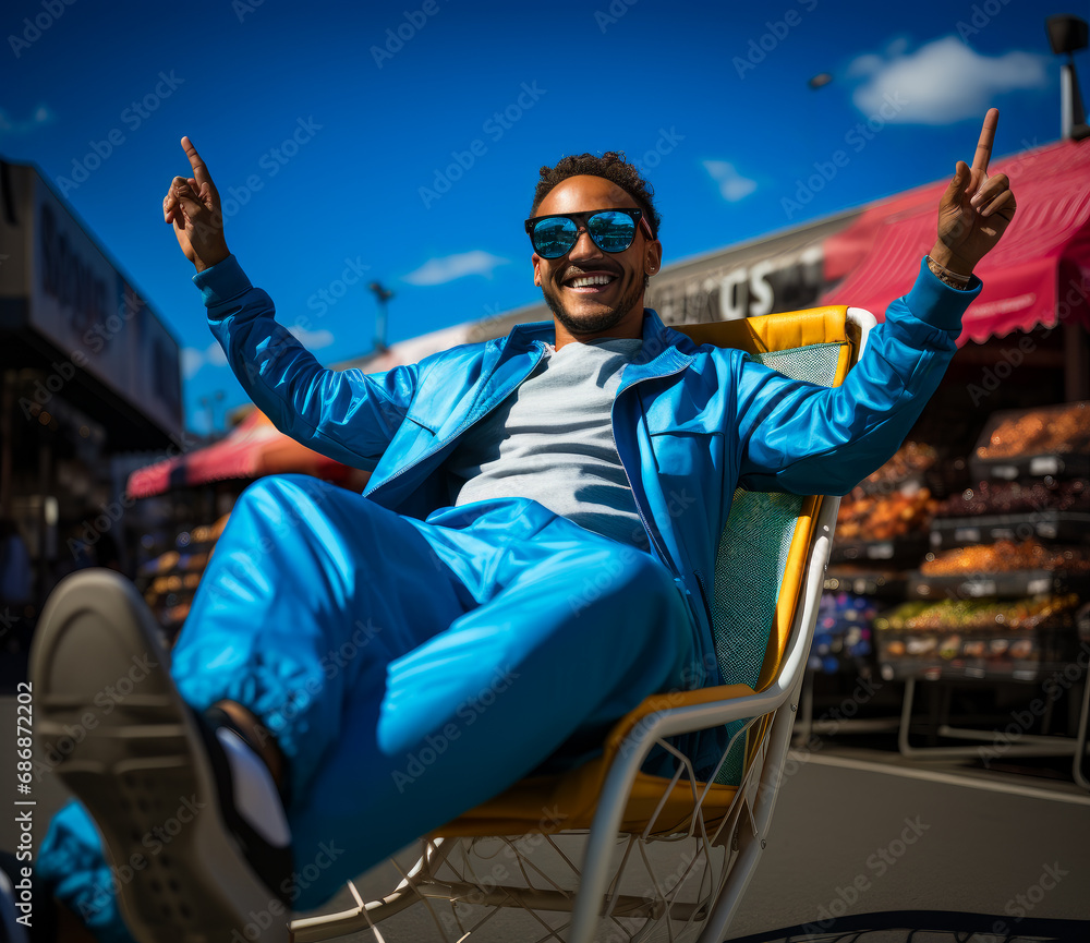Man sitting in shopping cart. A man sitting in a chair with his hands in the air