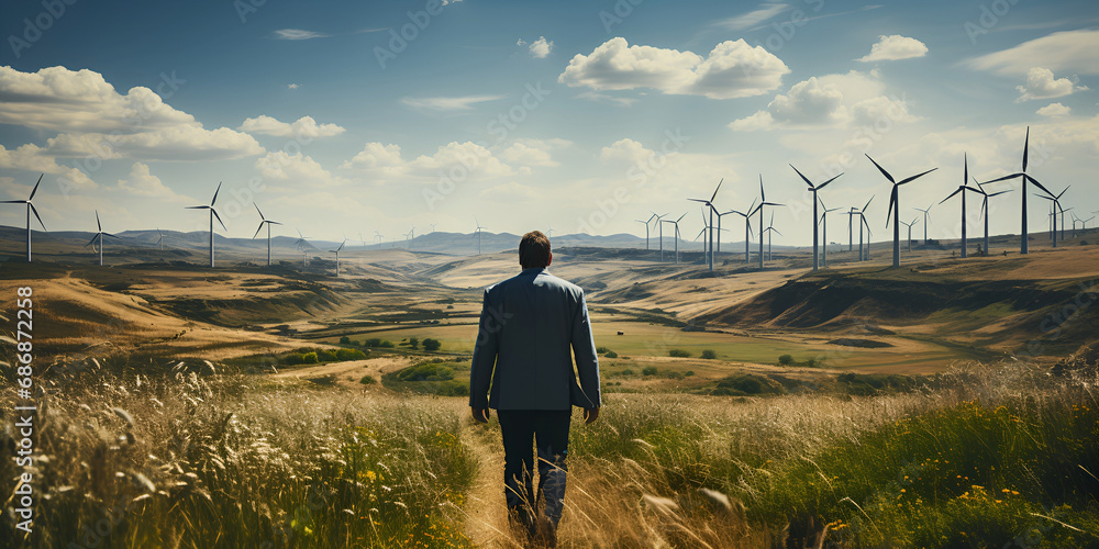 Man standing in front of wind turbine, business man, CSR, company social responsability, ecology at work, future, clean energy - obrazy, fototapety, plakaty 