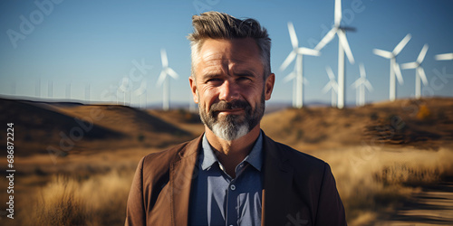 Man standing in front of wind turbine, business man, CSR, company social responsability, ecology at work, future, clean energy