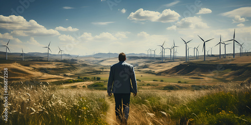Man standing in front of wind turbine, business man, CSR, company social responsability, ecology at work, future, clean energy