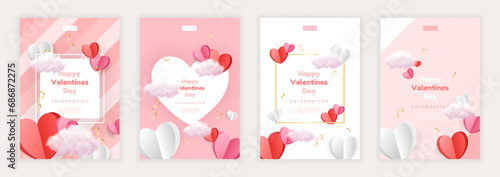 Valentine's day posters set. Paper cure red and pink hearts and realistic cli. Cute love sale banners or greeting cards. Vector illustration