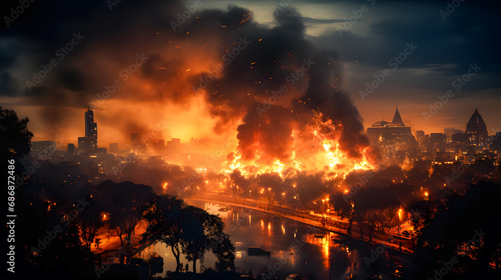 a large forest fire near a town (Generative AI) a large forest fire near a town (Generative AI)