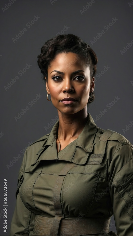 Confident black female military officer in uniform, calm expression, standing, portrait, olive green, professional, determined Confident black female military officer in uniform, calm expression, standing, portrait, olive green, professional, determined