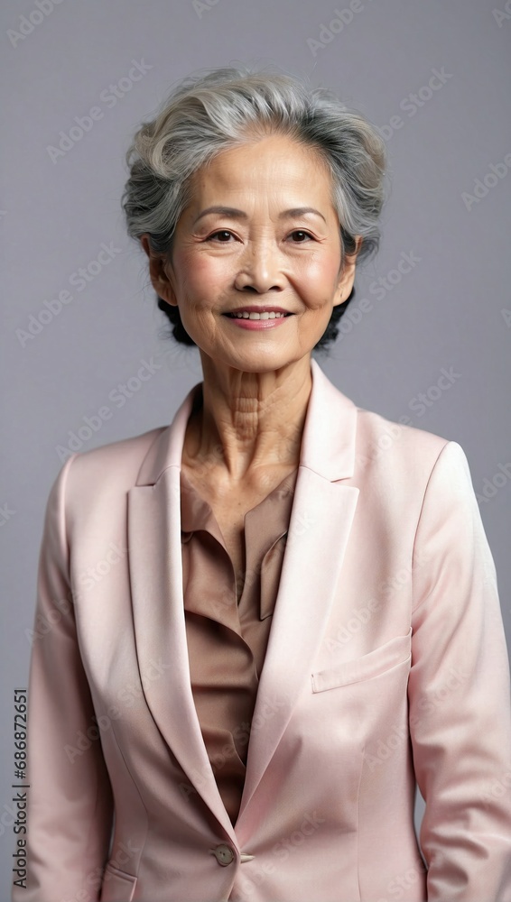 Elegant older Asian female businesswoman, pale pink suit, portrait, smiling, professional, sophisticated, approachable, experienced