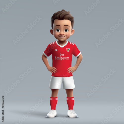 3d cartoon cute young soccer player in Benfica football uniform.