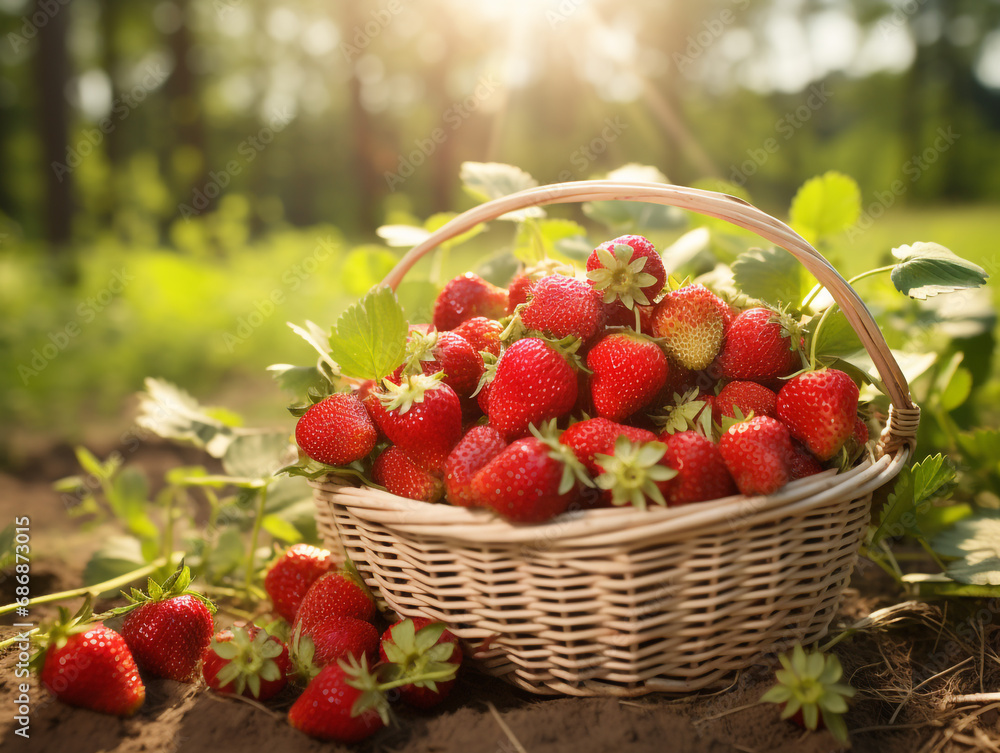 Close-up shot of strawberries in a basket, bathed in warm sunlight, evoking a sense of summer freshness and sweetness. Close-up shot of strawberries in a basket, bathed in warm sunlight, evoking a sense of summer freshness and sweetness.