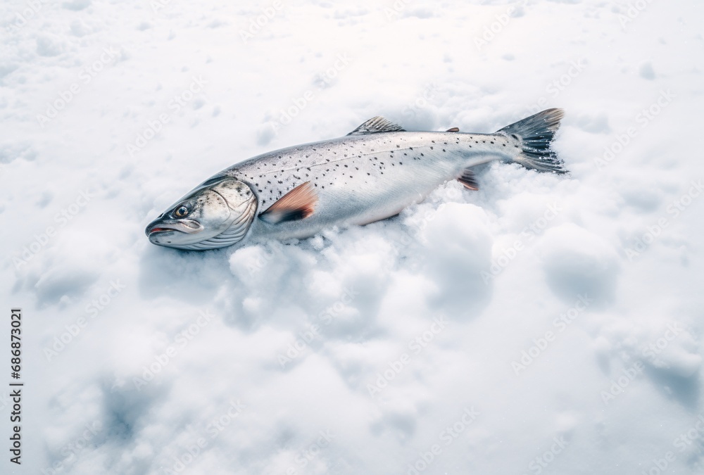the trout is on a white piece of the snow the trout is on a white piece of the snow