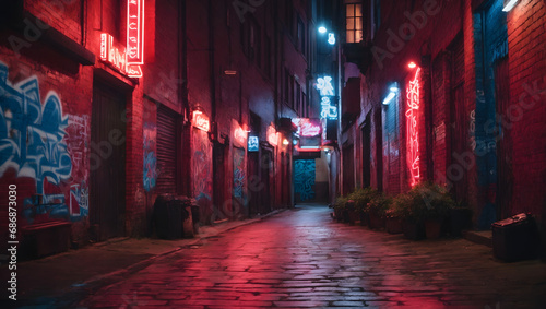 A brick alley adorned with vibrant graffiti illuminated by red and blue neon lights, creating an urban and artistic ambiance.