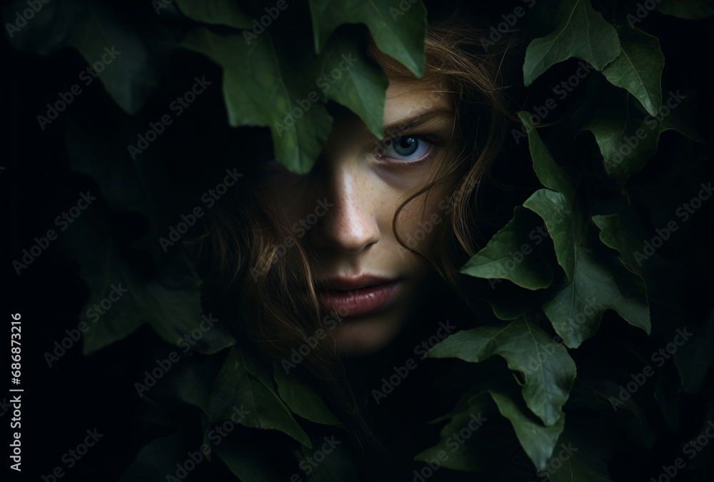 the woman hiding behind an ivy in the dark, realistic, emotive portraits, norwegian nature - obrazy, fototapety, plakaty 