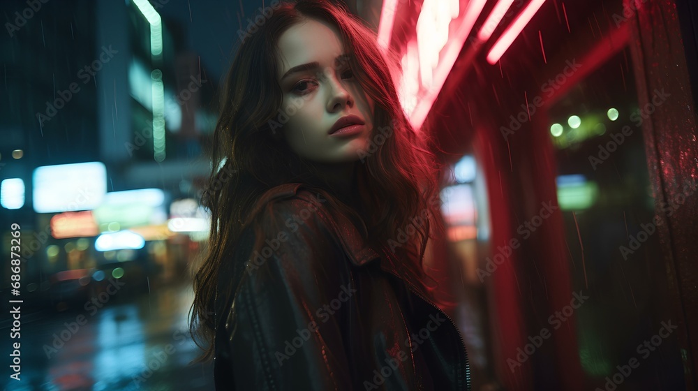 cinematic melancholic caucasian woman with long brown hair, rainy Tokyo background setting, red neon light, grainy retro style photography, minimalism. generative AI