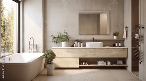 Bright beige and concrete bathroom interior with sink toilet and bathtub