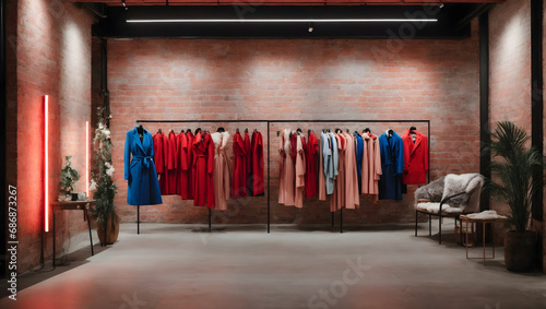 A fashion boutique interior featuring exposed brick walls adorned with red and blue neon accents, providing a chic backdrop for stylish displays. photo