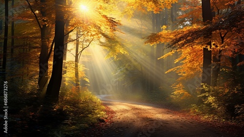 Bright sun in autumn forest © Matthew