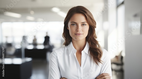 Contemporary businesswoman stands in a modern office, symbolizing a dynamic and progressive professional environment with updated features and design, showcasing innovation and style.