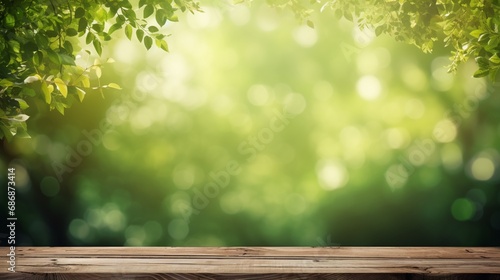  Blurred Green Spring Lush Foliage Bokeh Lights and Empty Wooden Picnic Table 