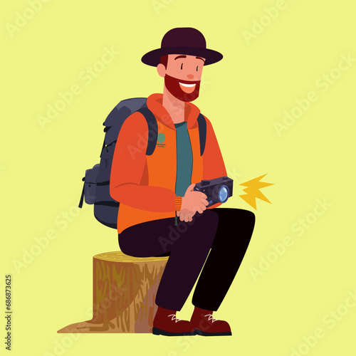 a traveler in a hat and backpack is sitting on a stump, with a camera in his hands, A male photographer with a satisfied face. Vector isolated illustration
