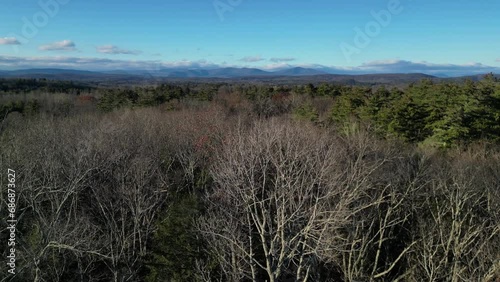 bare trees with distant hills (aerial drone shot from above) flying sideways, parallax, turning towards and away (catskill mountains in the background) hudson valley photo