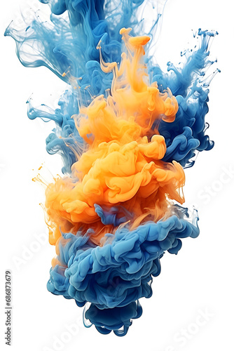 Blue and Orange smoke flame explosion on white background 