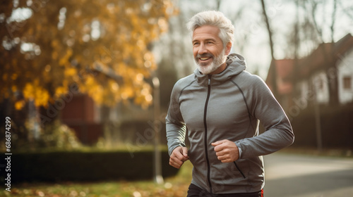 Portrait of smiling senior man running jogging for healthy fitness lifestyle on blurred background © BeautyStock