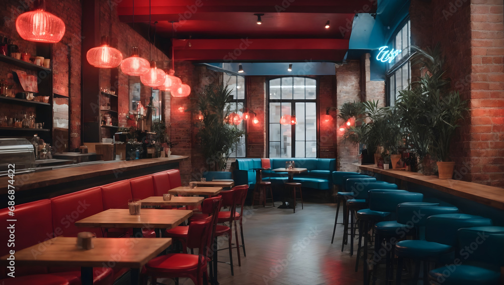 A trendy cafe interior with exposed brick walls and decorative red and blue neon lighting, creating a cool and inviting ambiance.