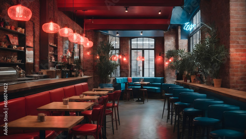 A trendy cafe interior with exposed brick walls and decorative red and blue neon lighting, creating a cool and inviting ambiance.