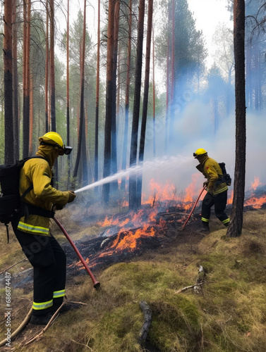 Firefighters put out forest fires. Two fire fighters using a hose to extinguish a forest fire