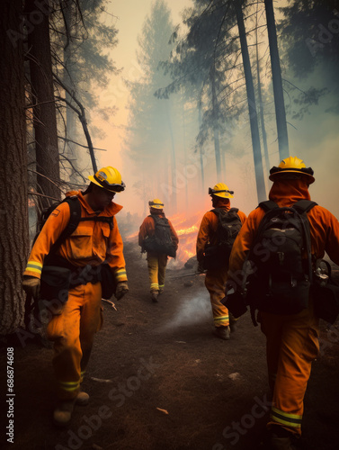 Firefighters put out forest fires environmental disaster. Firefighters put out forest fires. A group of fire fighters walking through a forest © Vadim